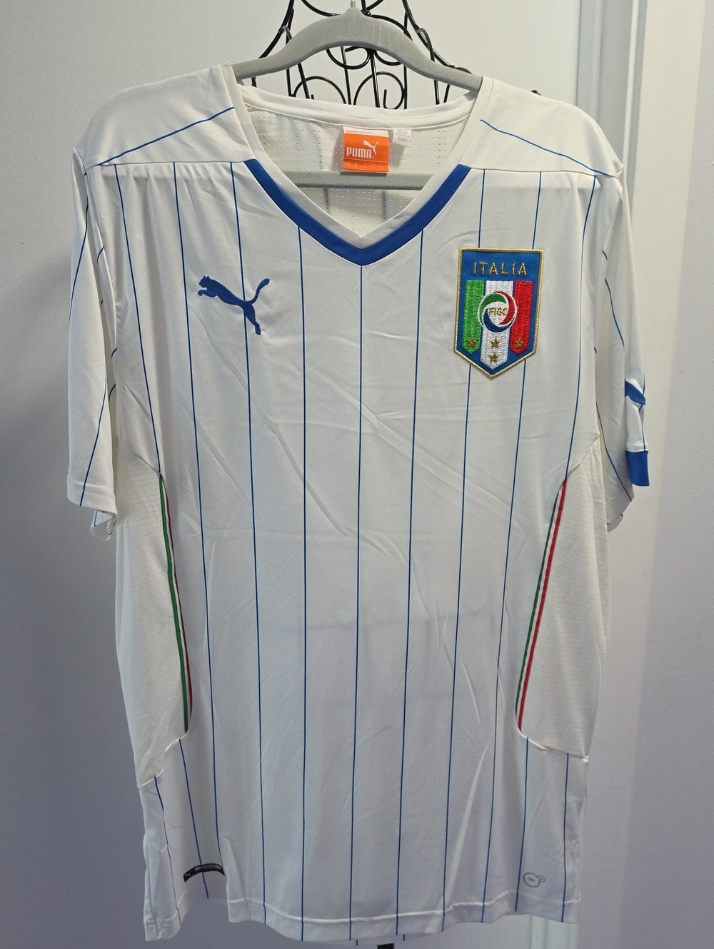 Puma White and Blue Italy Pinstripe Men's Soccer Jersey